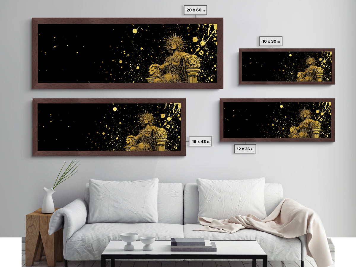 Celestial Goddess On Throne, Mythology Divine Wall Decor, Metallic Gold Metal Print, Cosmic Starry Art, Real Wood Frame
