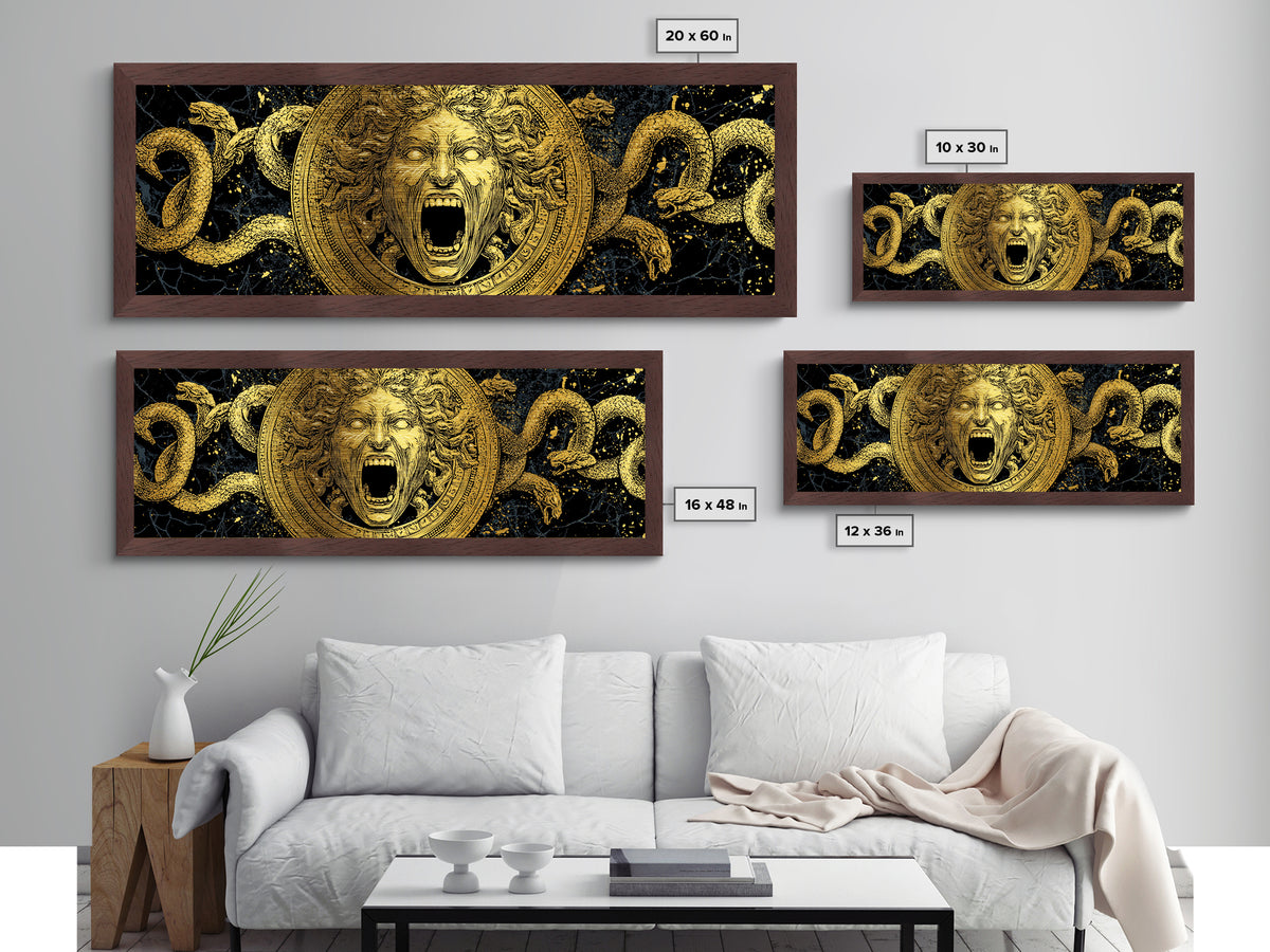 Medusa Metallic Gold Metal Print, Mythology Wall Art, Serpent Hair Gorgon Illustration, Greek Goddess Decor, Real Wood Frame, Luxury