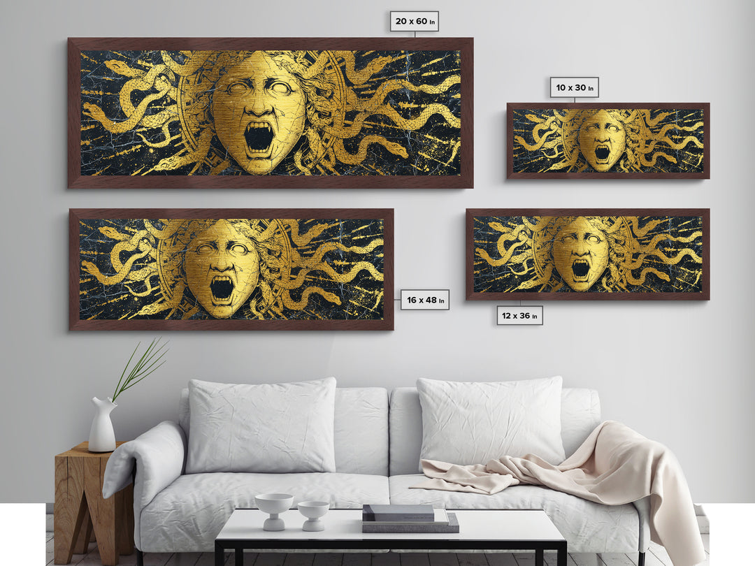 Medusa Serpent Metallic Gold Metal Print, Greek Mythology Wall Art, Gorgon Face Illustration, Real Wood Frame, Unique Statement Decor