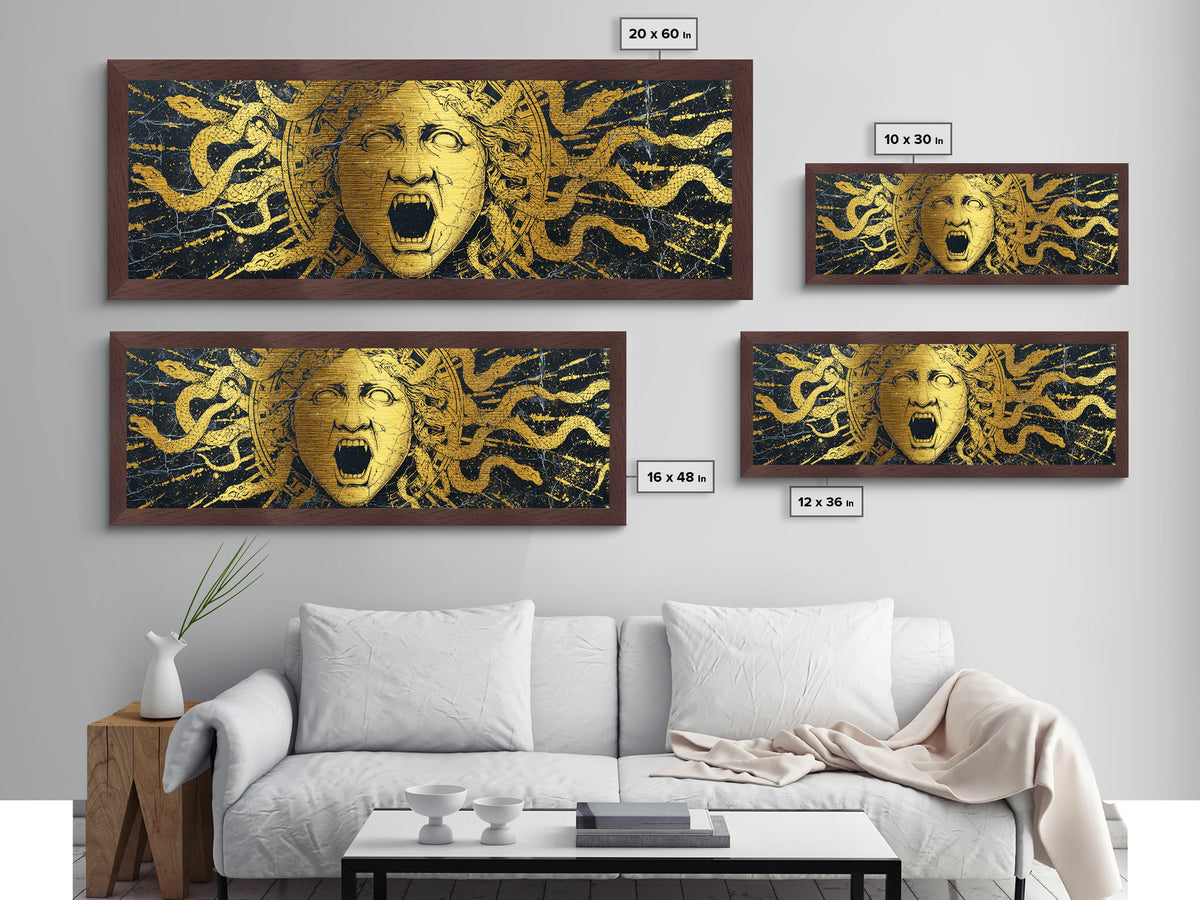 Medusa Serpent Metallic Gold Metal Print, Greek Mythology Wall Art, Gorgon Face Illustration, Real Wood Frame, Unique Statement Decor