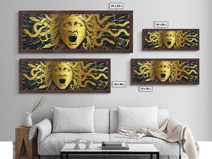 Medusa Serpent Metallic Gold Metal Print, Greek Mythology Wall Art, Gorgon Face Illustration, Real Wood Frame, Unique Statement Decor
