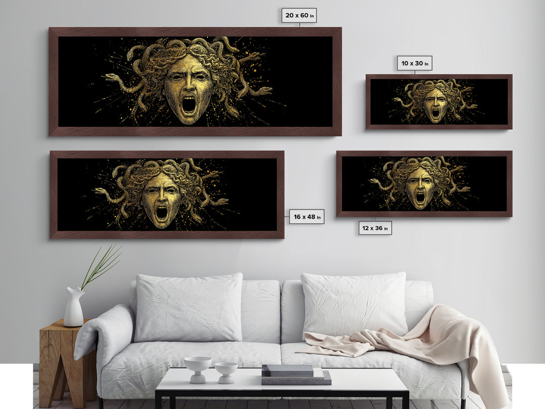 Medusa Head Metallic Gold Art, Greek Mythological Gorgon Wall Print, Snake Hair Woman Illustration, Real Wood Frame, Bold Luxury Decor