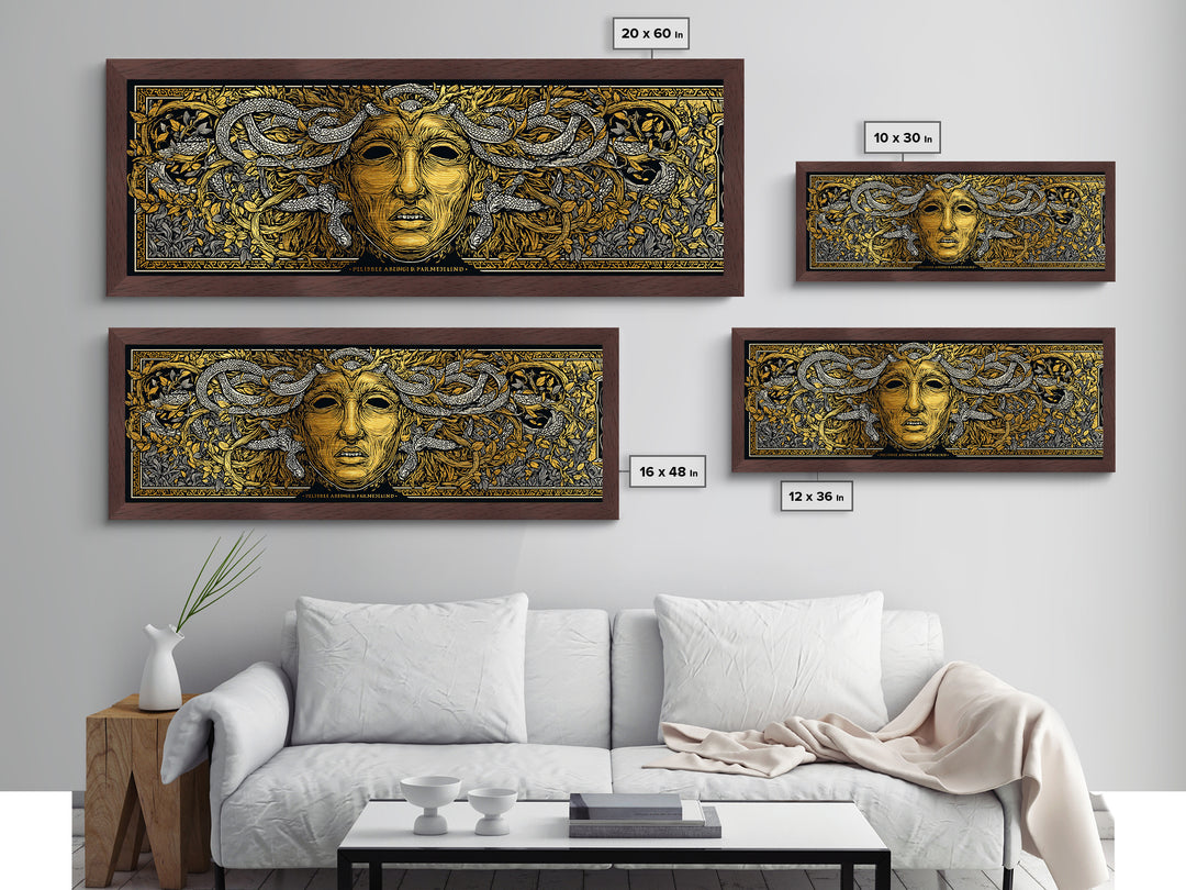 Medusa Myth Metallic Gold Metal Print, Snake Goddess Wall Art, Ancient Greek Gorgon Illustration, Real Wood Frame, Dramatic Luxury Decor