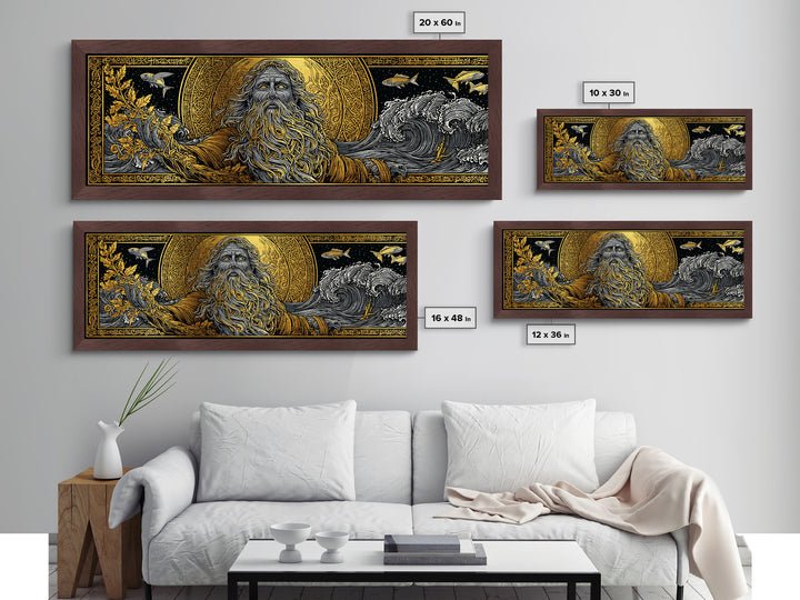 Oceanus Metallic Gold Metal Print, Greek Titan Of The Sea, Mythology Wall Art, Flowing Waves Illustration, Real Wood Frame, Ocean Decor