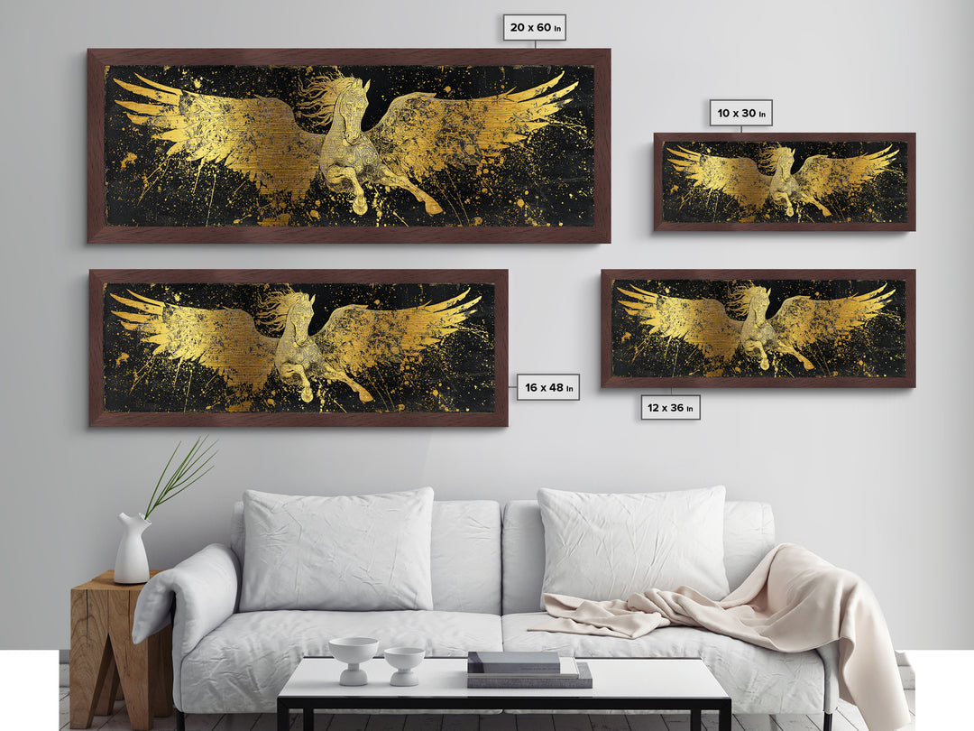 Pegasus Flying Metallic Gold Metal Print, Greek Mythology Horse Wall Art, Real Wood Frame, Luxury Decorative Artwork