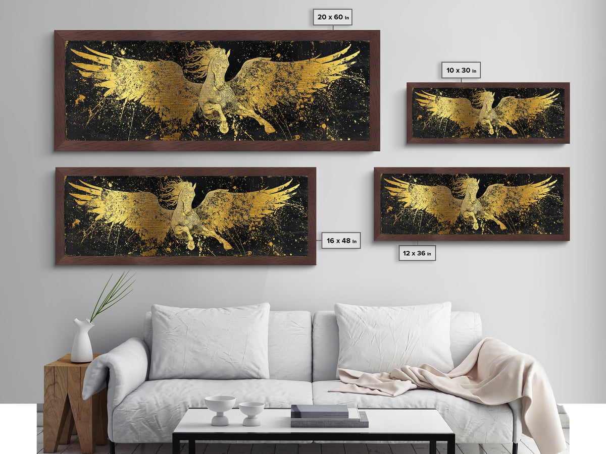 Pegasus Flying Metallic Gold Metal Print, Greek Mythology Horse Wall Art, Real Wood Frame, Luxury Decorative Artwork