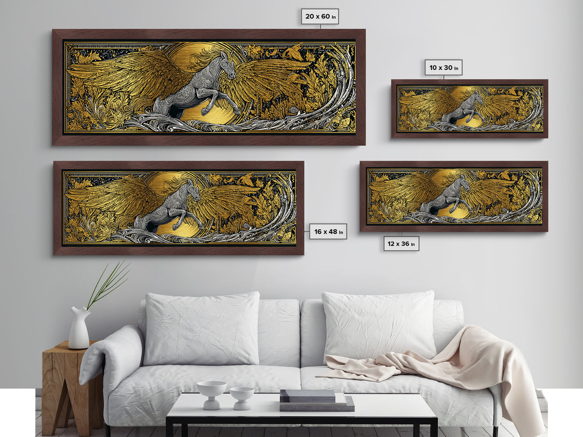 Pegasus Rising Metallic Gold Metal Print, Mythological Horse Wall Art, Real Wood Frame, Luxury Collectible Decorative Art