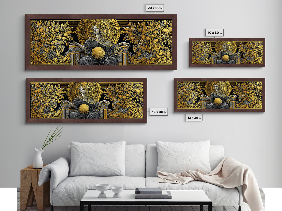 Persephone Throne Metallic Gold Metal Print, Goddess Of Spring Wall Art, Real Wood Frame, Mythology Artwork For Decor
