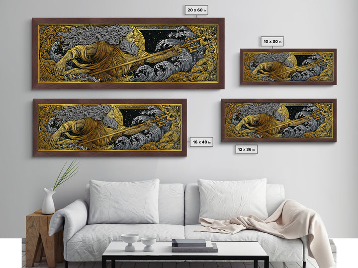 Poseidon Wields Metallic Gold Metal Print, Sea God Wall Art, Real Wood Frame, Mythological Ocean Artwork For Home Decor
