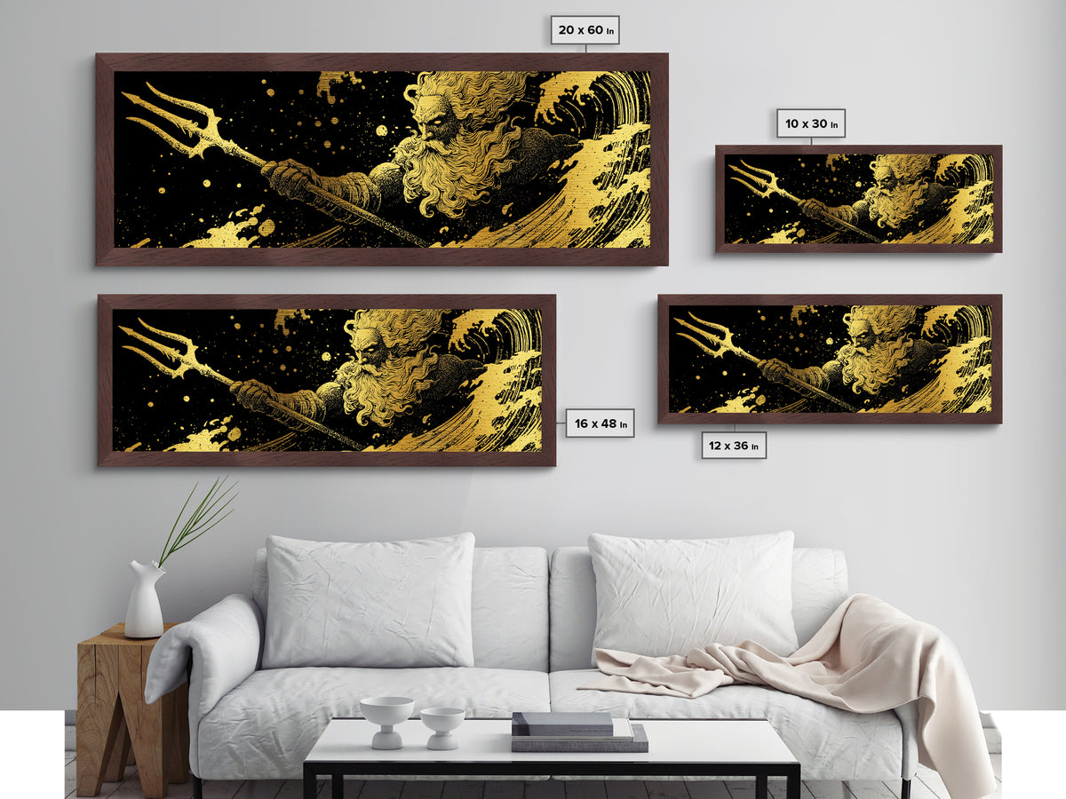Poseidon Waves Metallic Gold Metal Print, Mythological Sea God Wall Art, Real Wood Frame, Luxury Decorative Greek Artwork