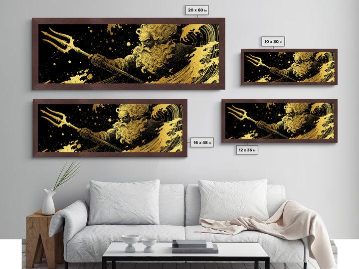 Poseidon Waves Metallic Gold Metal Print, Mythological Sea God Wall Art, Real Wood Frame, Luxury Decorative Greek Artwork