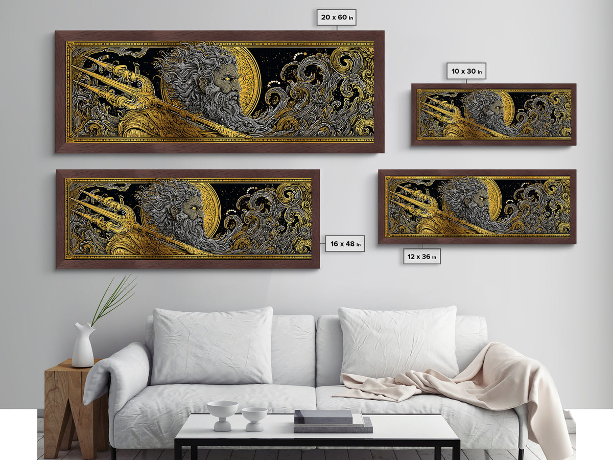 Poseidon With Trident Metallic Gold Metal Print, Greek Mythology Wall Art, Real Wood Framed Metal Artwork, Luxury Home Decor