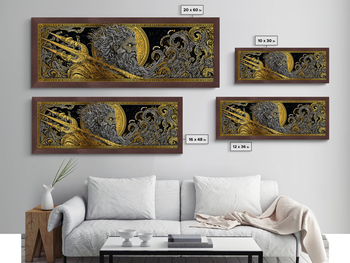 Poseidon With Trident Metallic Gold Metal Print, Greek Mythology Wall Art, Real Wood Framed Metal Artwork, Luxury Home Decor