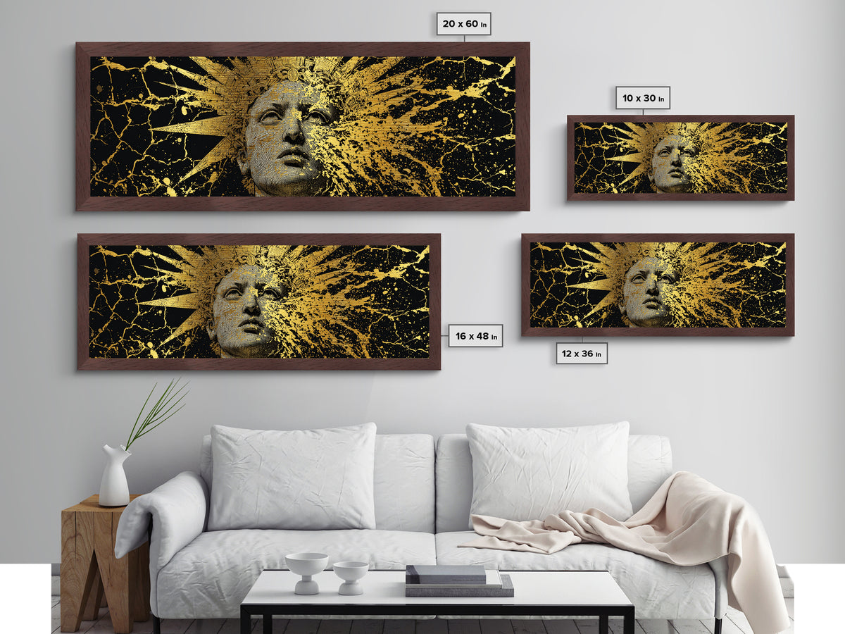 Prometheus Sunburst Bust Metallic Gold Metal Print, Greek Statue Inspired Wall Art, Real Wood Frame, Elegant Mythology Artwork