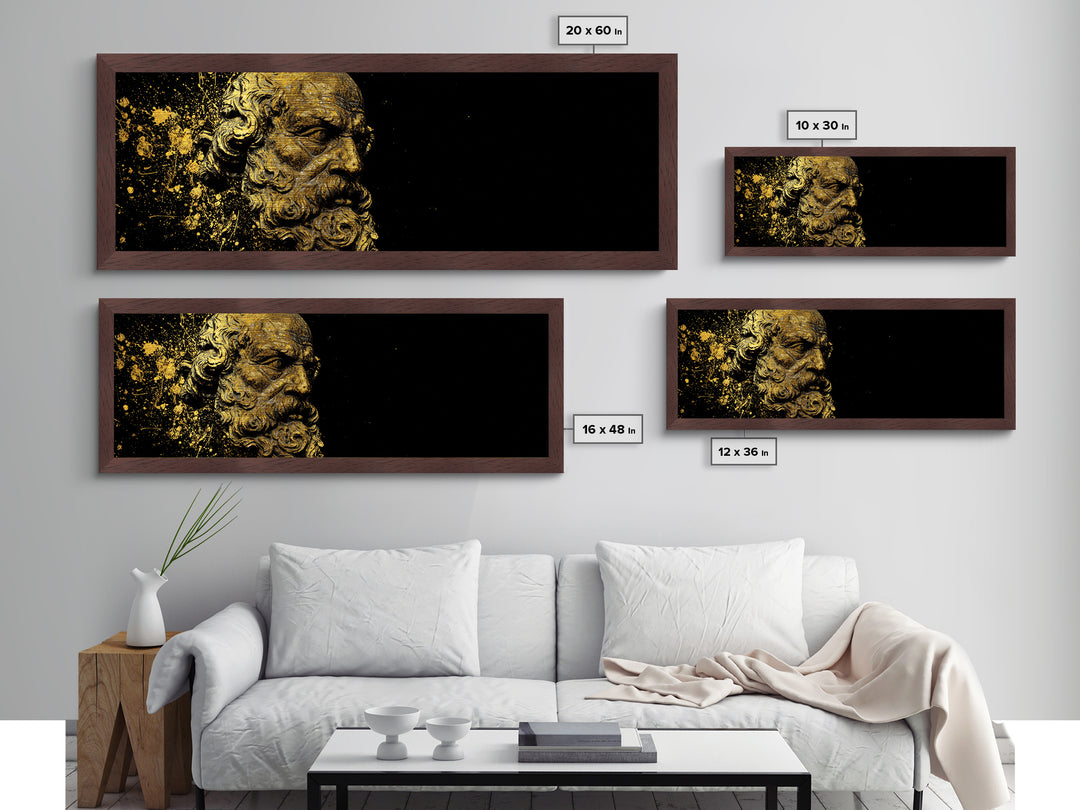 Socrates Bust Metallic Gold Art, Greek Philosopher Metal Print, Classical Statue Inspired Artwork, Real Wood Frame Wall Decor