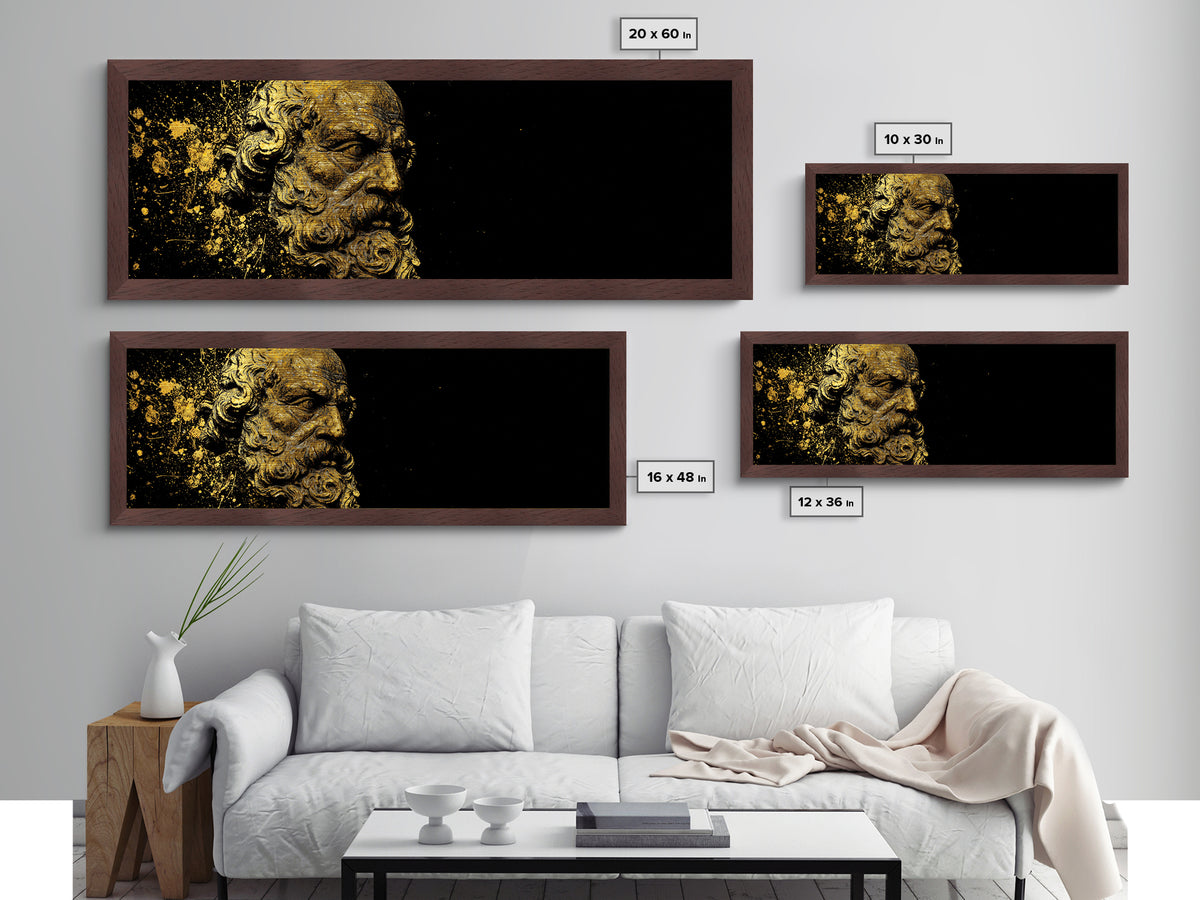 Socrates Bust Metallic Gold Art, Greek Philosopher Metal Print, Classical Statue Inspired Artwork, Real Wood Frame Wall Decor