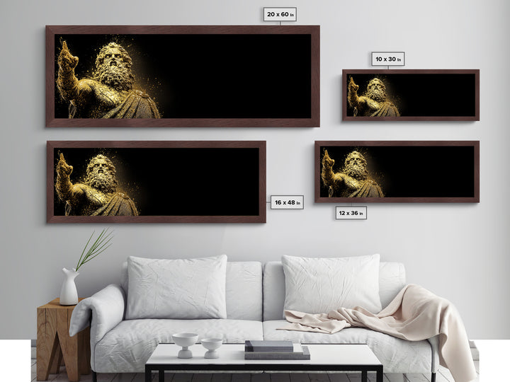 Zeus Statue Metallic Gold Metal Print, Greek God Wall Art, Lightning King Decor, Real Wood Frame Mythology Inspired Artwork