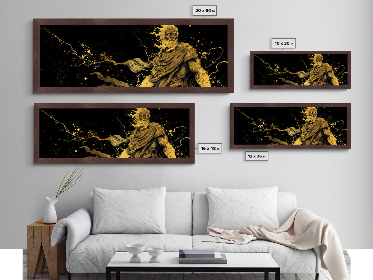 Zeus With Lightning Metallic Gold Art, Greek Mythology Metal Print, Real Wood Frame Decor, Dramatic Wall Artwork For Home