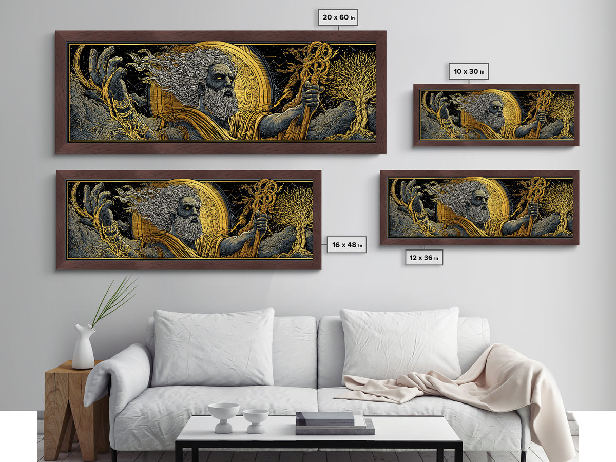 Zeus With Staff Metallic Gold Metal Print, Greek God Wall Art, Regal Mythology Decor, Real Wood Frame Luxury Artwork