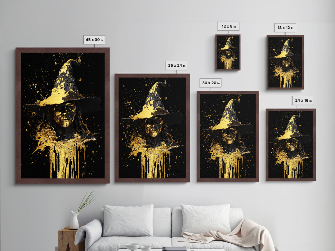 Witch Bust with Dripping Hat in Metallic Gold Art, Spooky Halloween Metal Art with Real Wood Frame, Gothic Witch Wall Decor