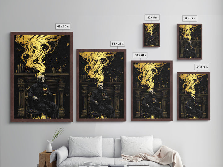 Skull Gentleman Metallic Gold Art, Haunted Gothic Horror Metal Art With Natural Wood Frame, Spooky Halloween Macabre Wall Art