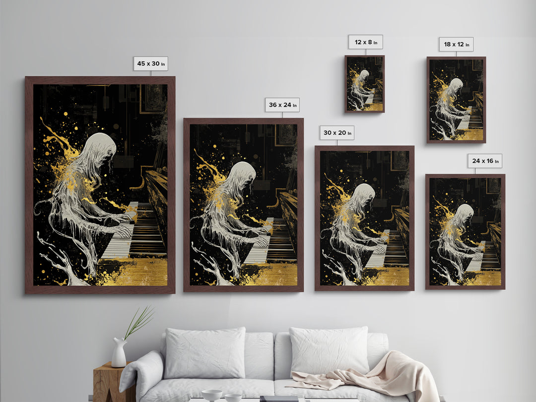 Gothic Spirit Playing Piano Metallic Gold Art Metal Art Horror Inspired Halloween Wall Decor with Real Wood Frame Creepy Gift