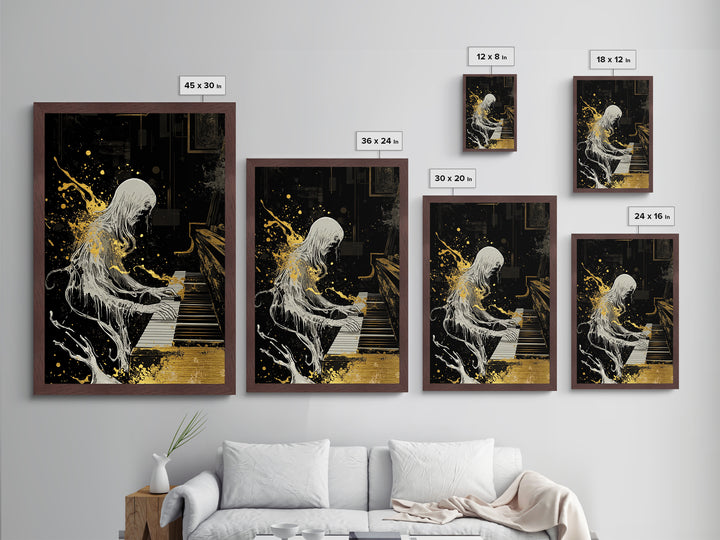 Gothic Spirit Playing Piano Metallic Gold Art Metal Art Horror Inspired Halloween Wall Decor with Real Wood Frame Creepy Gift