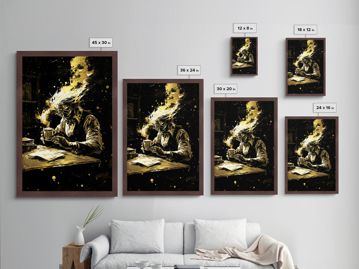 Dark Academia Coffee Skeleton Metallic Gold Art Metal Art Haunted Gothic Wall Decor Framed in Solid Wood Spooky Season Artwork