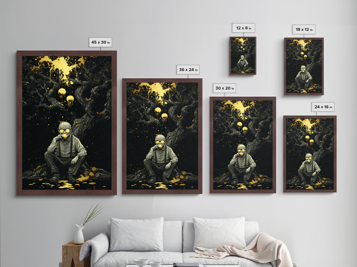 Creepy Orange Grove Metallic Gold Art Metal Art Gothic Halloween Wall Art with Natural Wood Frame Spooky Haunted Forest Print