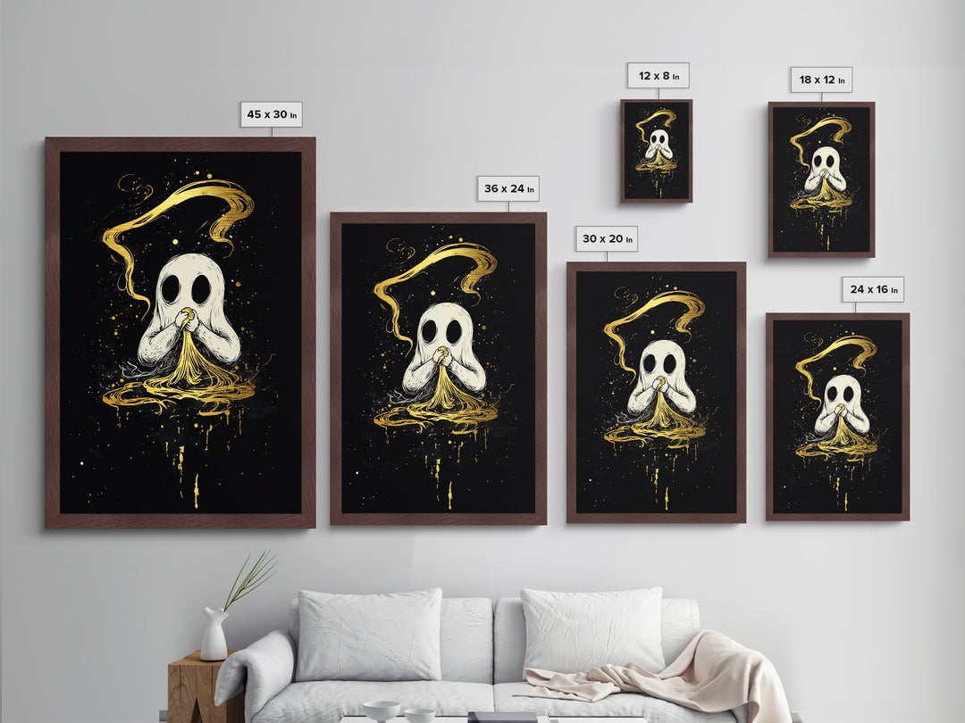 Ghost Eating Pasta Metallic Gold Art Metal Art Spooky Cute Halloween Wall Decor Framed in Real Wood Haunted Kitchen Wall Print
