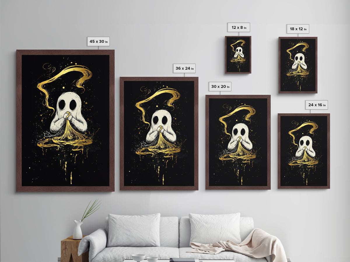 Ghost Eating Pasta Metallic Gold Art Metal Art Spooky Cute Halloween Wall Decor Framed in Real Wood Haunted Kitchen Wall Print