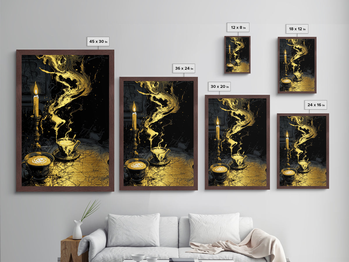 Witchy Candle and Coffee Metallic Gold Art Metal Art Haunted Gothic Wall Art in Real Wood Frame Spooky Season Halloween Decor