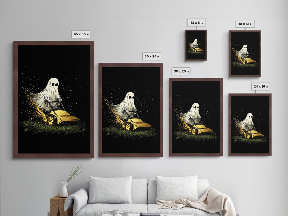 Ghost Mowing the Lawn Metallic Gold Art Metal Art Creepy Cute Halloween Wall Hanging Framed with Natural Wood Spooky Home Print
