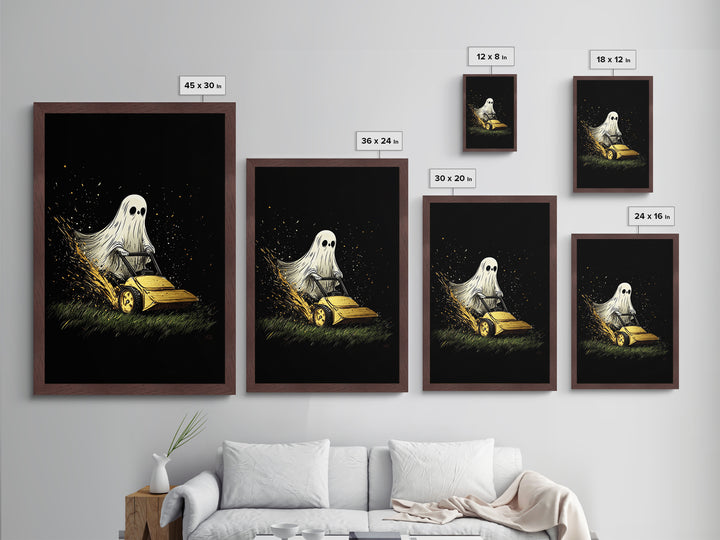 Ghost Mowing the Lawn Metallic Gold Art Metal Art Creepy Cute Halloween Wall Hanging Framed with Natural Wood Spooky Home Print