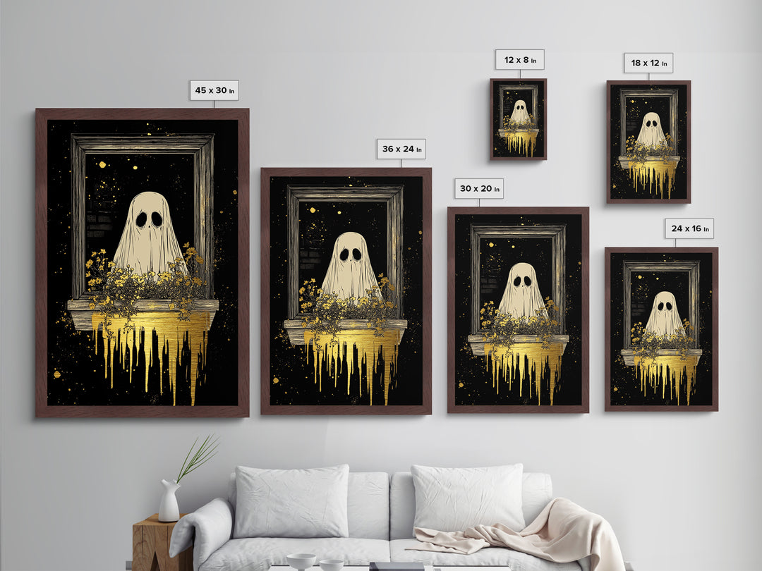 Ghost In Window With Flowers, Metallic Gold Art, Spooky Season Metal Art, Creepy Haunted Wall Print Framed in Natural Wood
