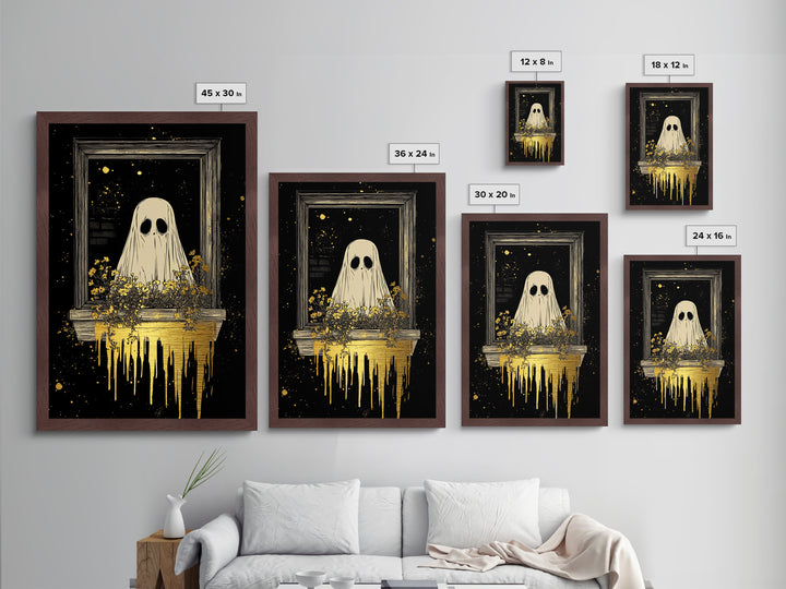 Ghost In Window With Flowers, Metallic Gold Art, Spooky Season Metal Art, Creepy Haunted Wall Print Framed in Natural Wood