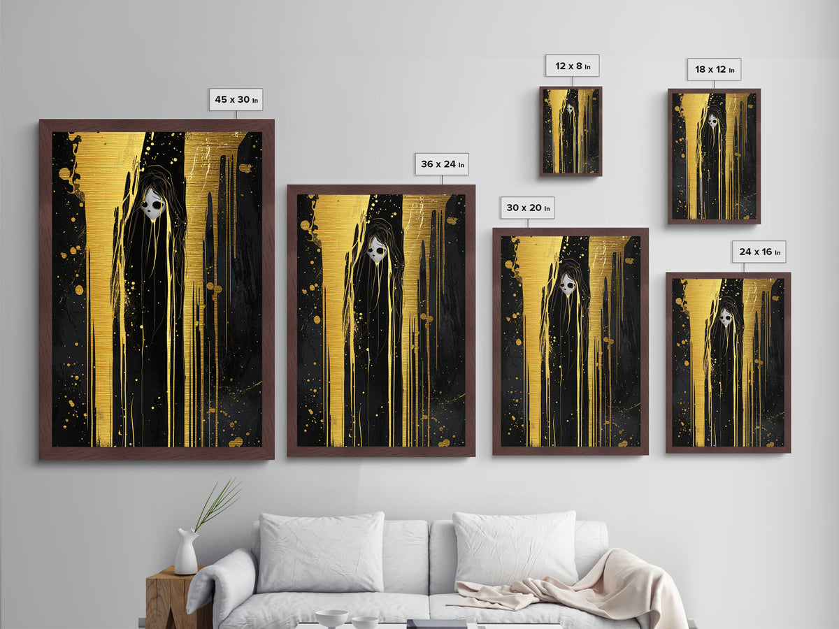 Horror Spirit Dripping Shadows Metallic Gold Art, Gothic Creepy Metal Art, Haunted Season Wall Décor with Real Wood Framing