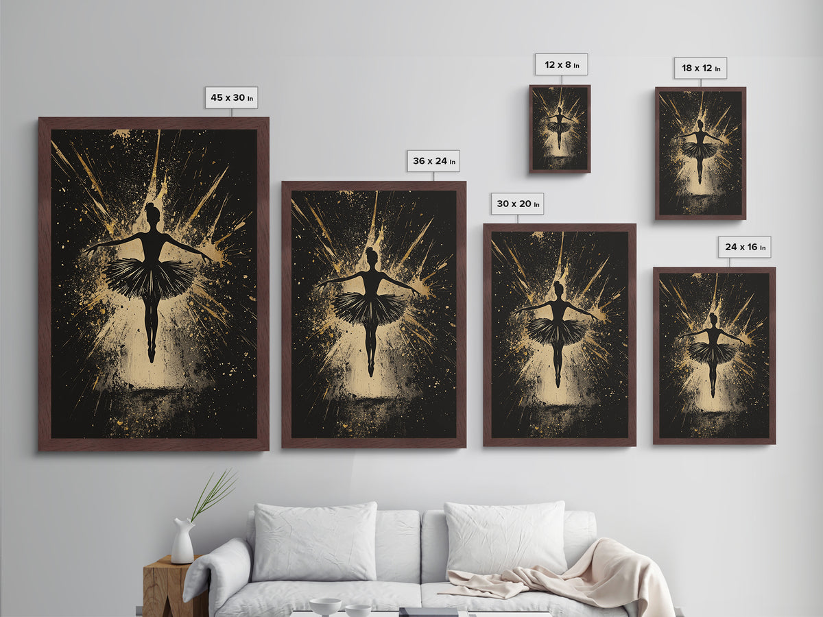 Ballerina In Shadows Metallic Gold Art, Gothic Dance Metal Art, Dark Spooky Season Halloween Wall Print with Real Wood Frame