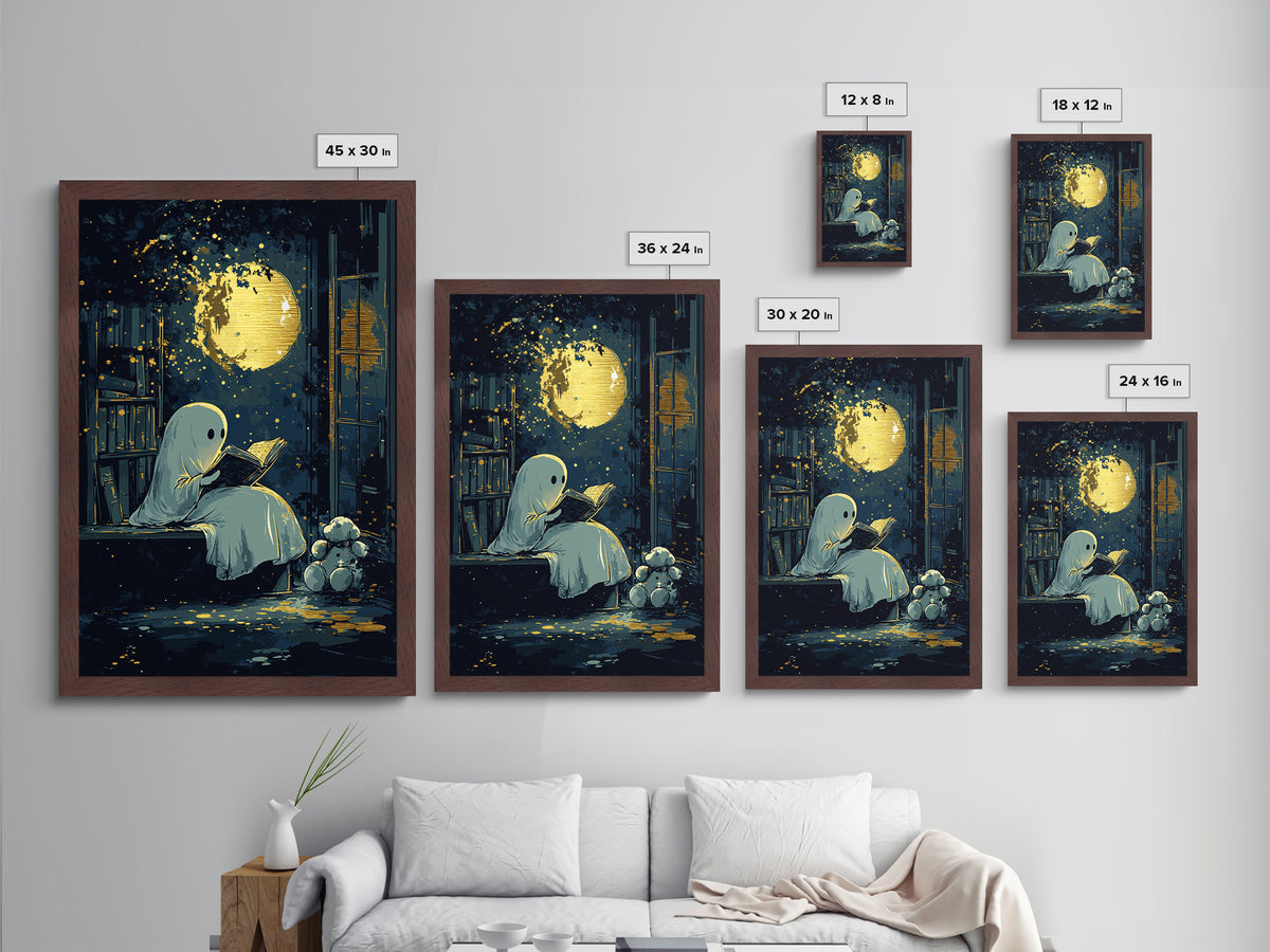 Cute Ghost Reading Under Moon, Metallic Gold Art, Whimsical Spooky Season Metal Art, Halloween Wall Print in Wooden Frame