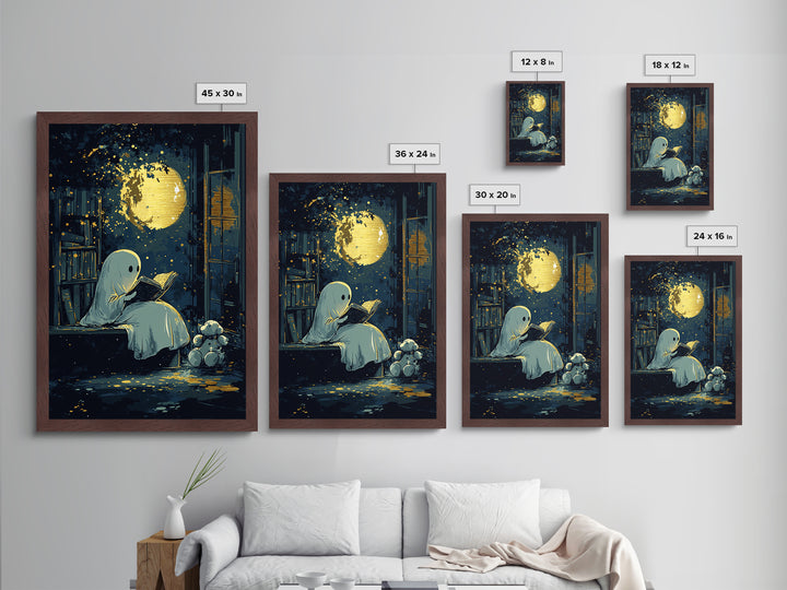 Cute Ghost Reading Under Moon, Metallic Gold Art, Whimsical Spooky Season Metal Art, Halloween Wall Print in Wooden Frame