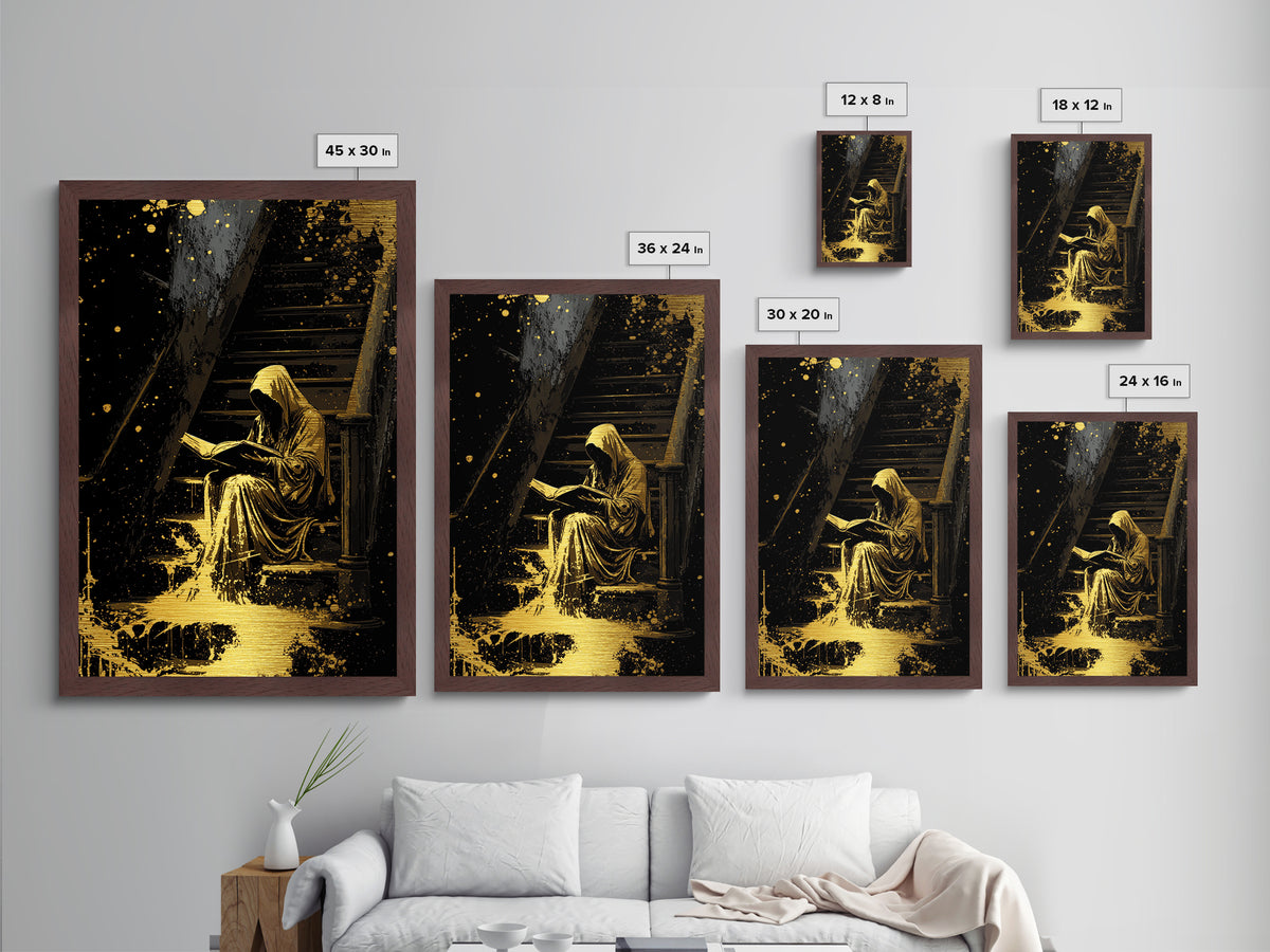 Hooded Reader On Stairs Metallic Gold Art, Haunted Gothic Metal Art, Spooky Horror Season Wall Décor with Real Wood Framing