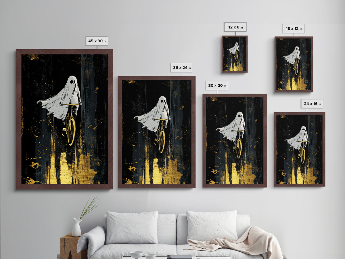 Playful Ghost On Bicycle Metallic Gold Art, Creepy Cute Metal Art, Halloween Haunted Season Wall Print Framed in Natural Wood