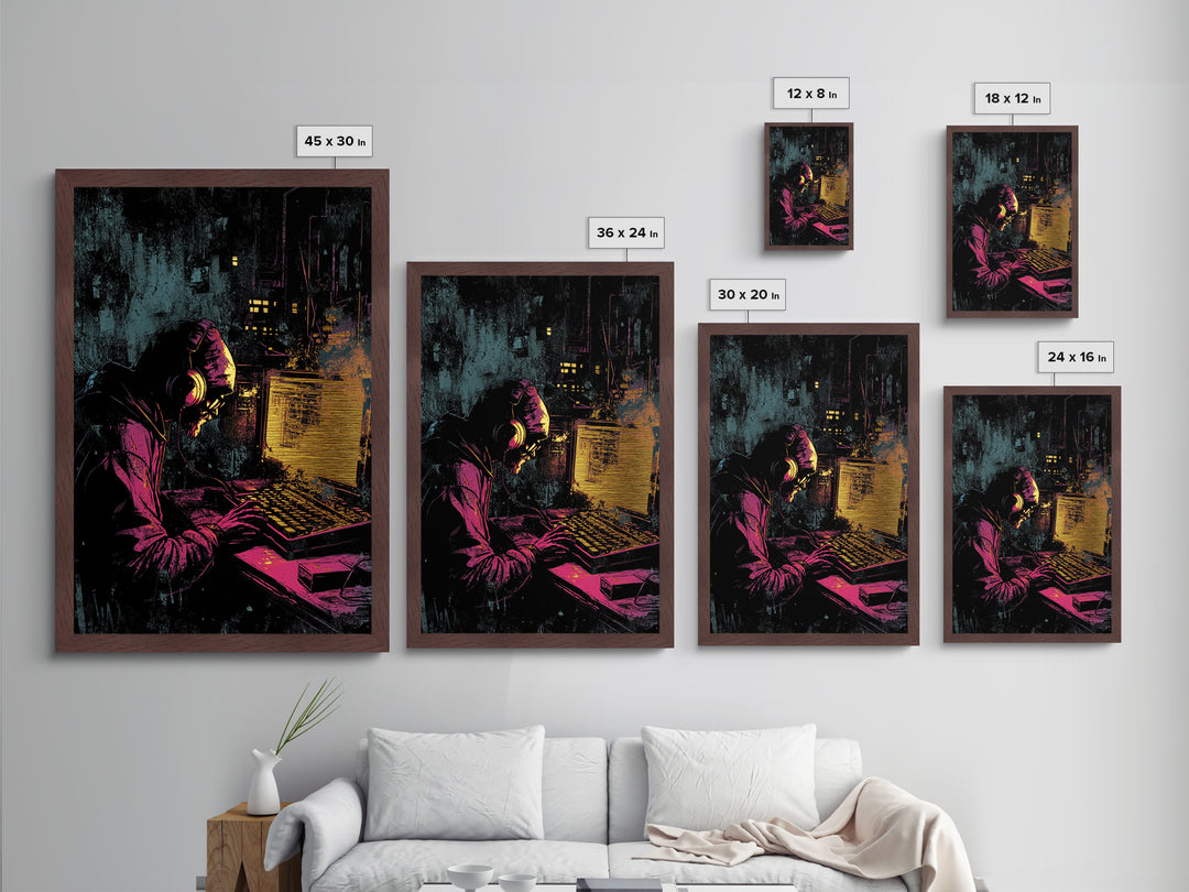 Cyberpunk Hacker Metallic Gold Art | Spooky Halloween Tech Wall Decor | Metal Art in Real Wood Frame