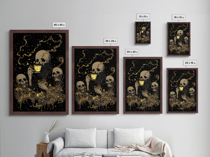 Gothic Skeleton Tea Party Metallic Gold Art | Spooky Skull Metal Art Framed In Natural Wood For Haunted Halloween Decor