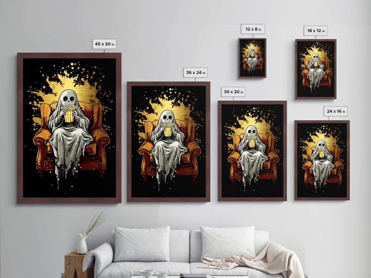 Cozy Ghost On Couch With Popcorn Metallic Gold Art | Spooky Movie Night Metal Art With Real Wood Frame For Halloween