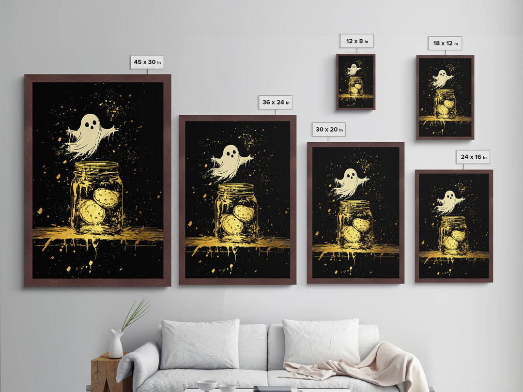 Haunted Cookie Jar Metallic Gold Art | Cute Ghost Metal Art Wall Decor In Rustic Real Wood Frame For Spooky Season