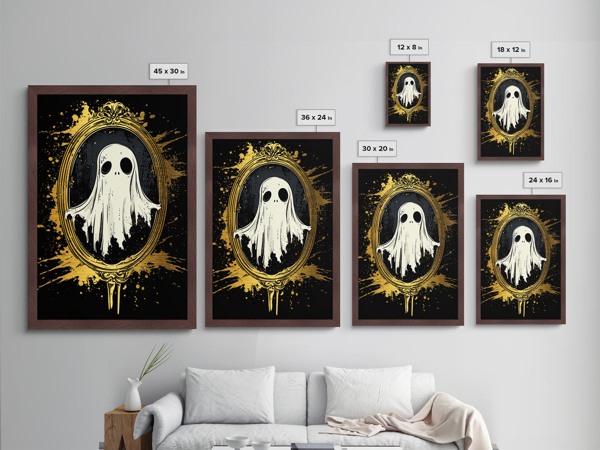 Haunted Mirror Metallic Gold Art | Gothic Ghost Metal Art Framed In Solid Real Wood For Spooky Season Wall Decor