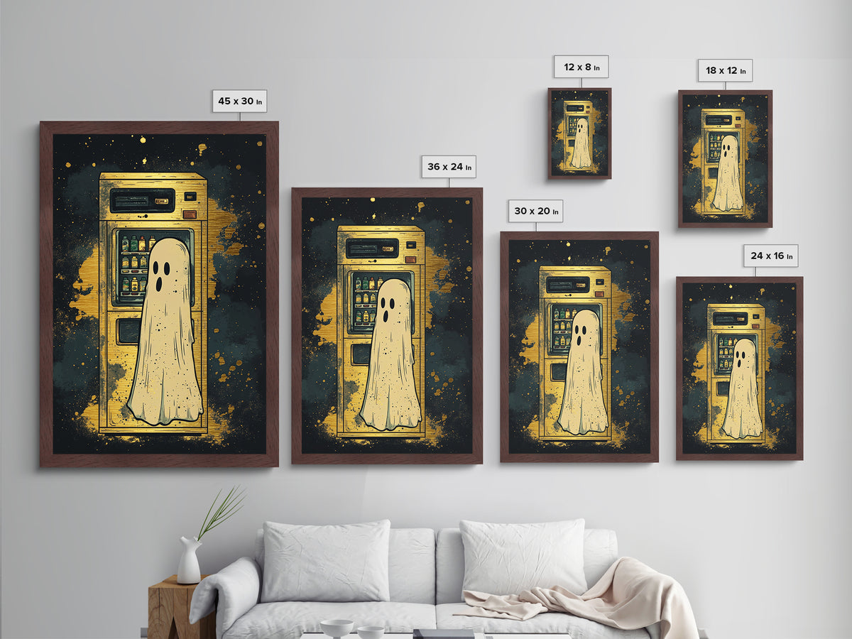 Ghost At Vending Machine Metallic Gold Art | Quirky Haunted Metal Art Spooky Season Wall Hanging In Real Wood Frame