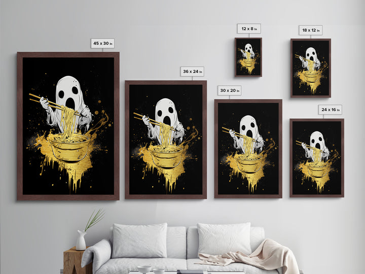 Creepy Ghost Eating Ramen Metallic Gold Art | Haunted Kitchen Metal Art Wall Decor With Real Wood Frame For Halloween