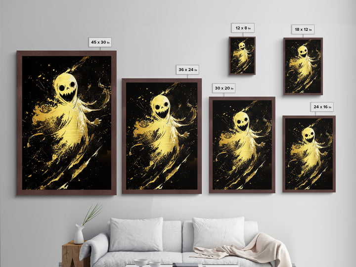 Sinister Smiling Spirit Metallic Gold Art | Horror Ghost Metal Art Framed In Authentic Real Wood For Spooky Season